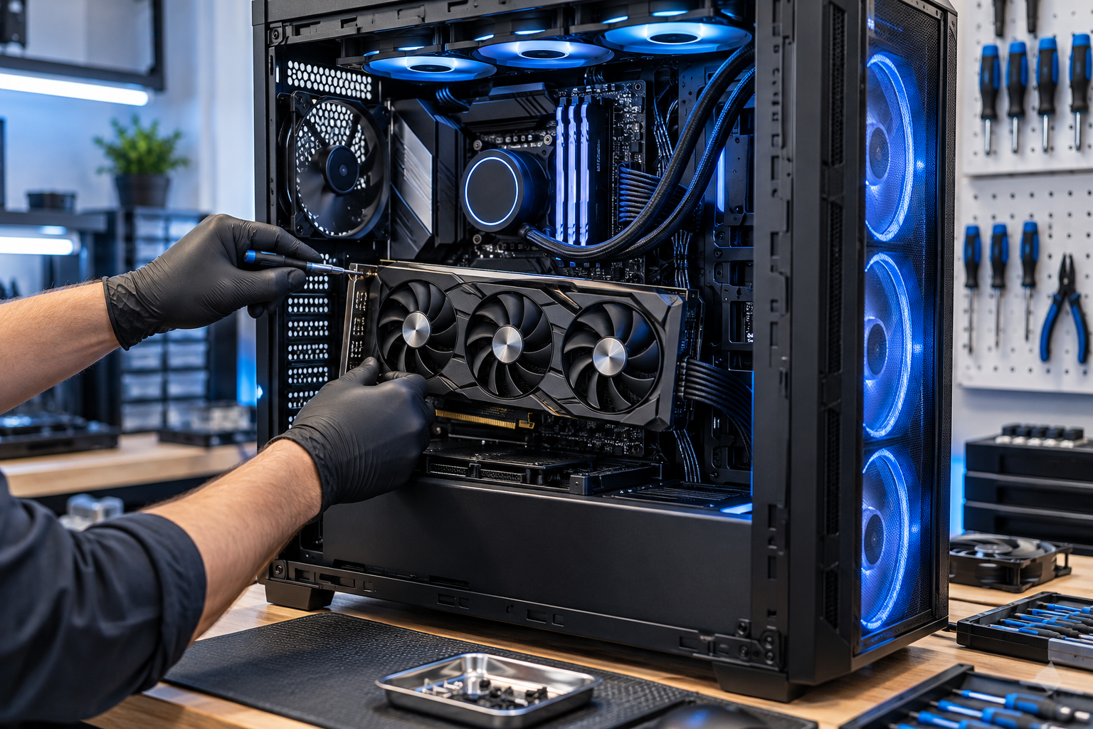 Reparación de un ordenador gaming de sobremesa con el interior abierto